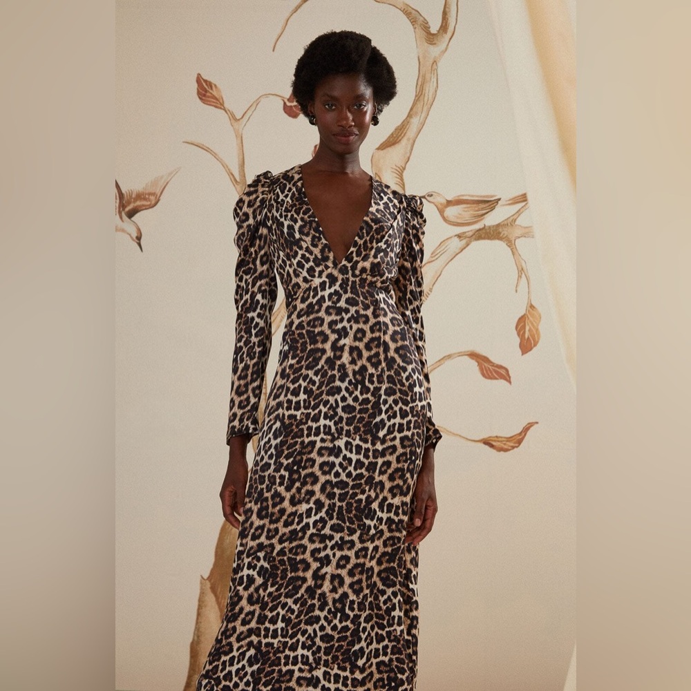 FARM Rio Leopard-Print V-Neck Midi Dress in Tan and Black